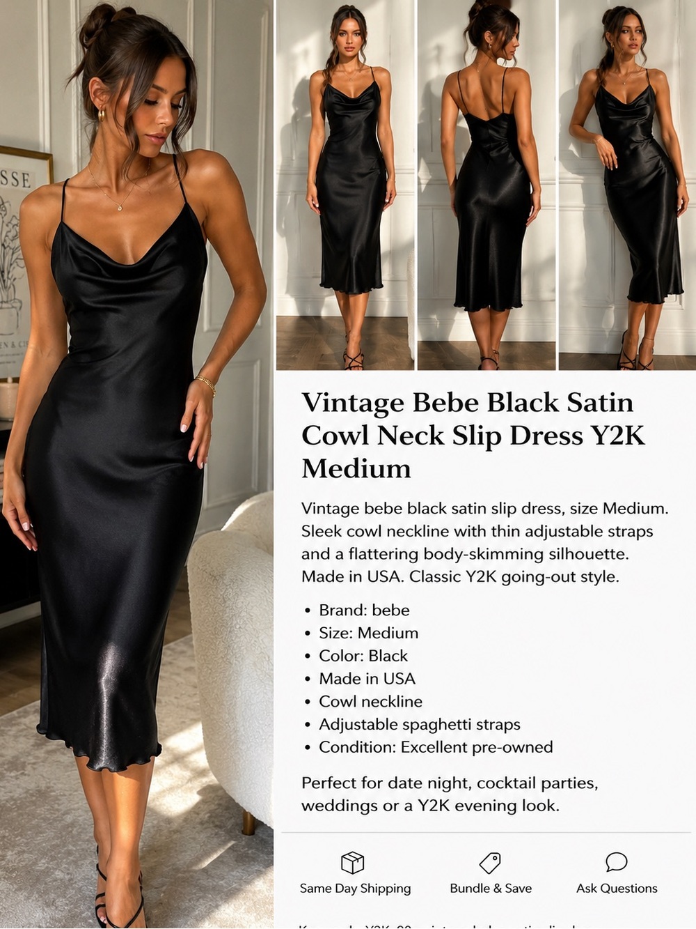 Vintage Bebe Black Satin Cowl Neck Slip Dress Y2K Medium